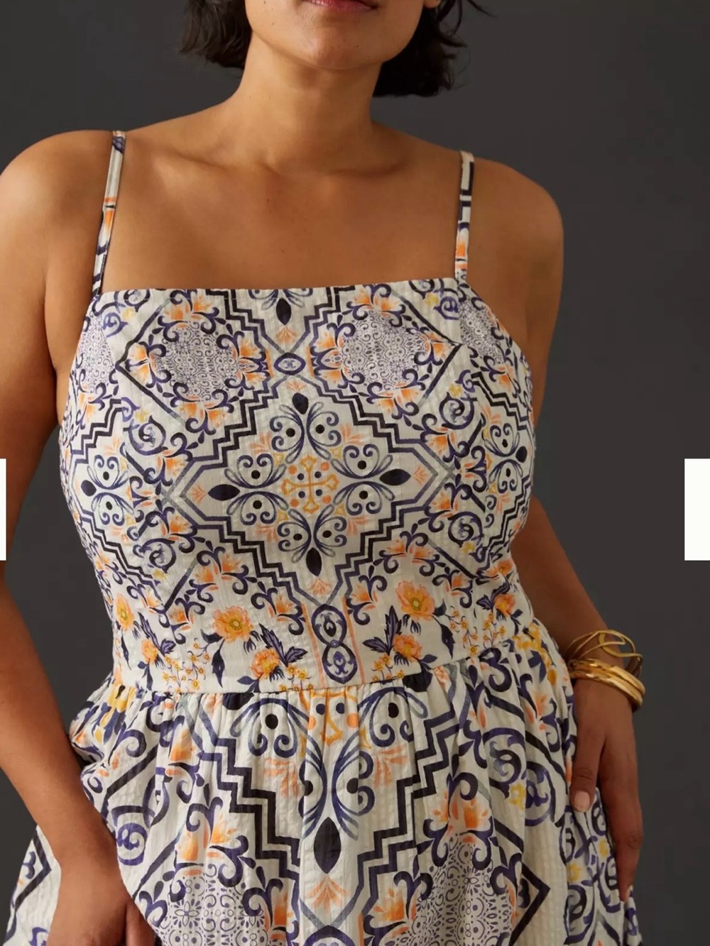 Anthropologie Ivory Maxi Dress with Navy Tile & Yellow Floral Print - Picture 2 of 7